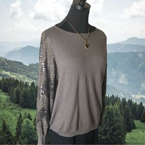 Adrianna Papell Gray Sweater with Lace and Sequin Lantern Sleeves